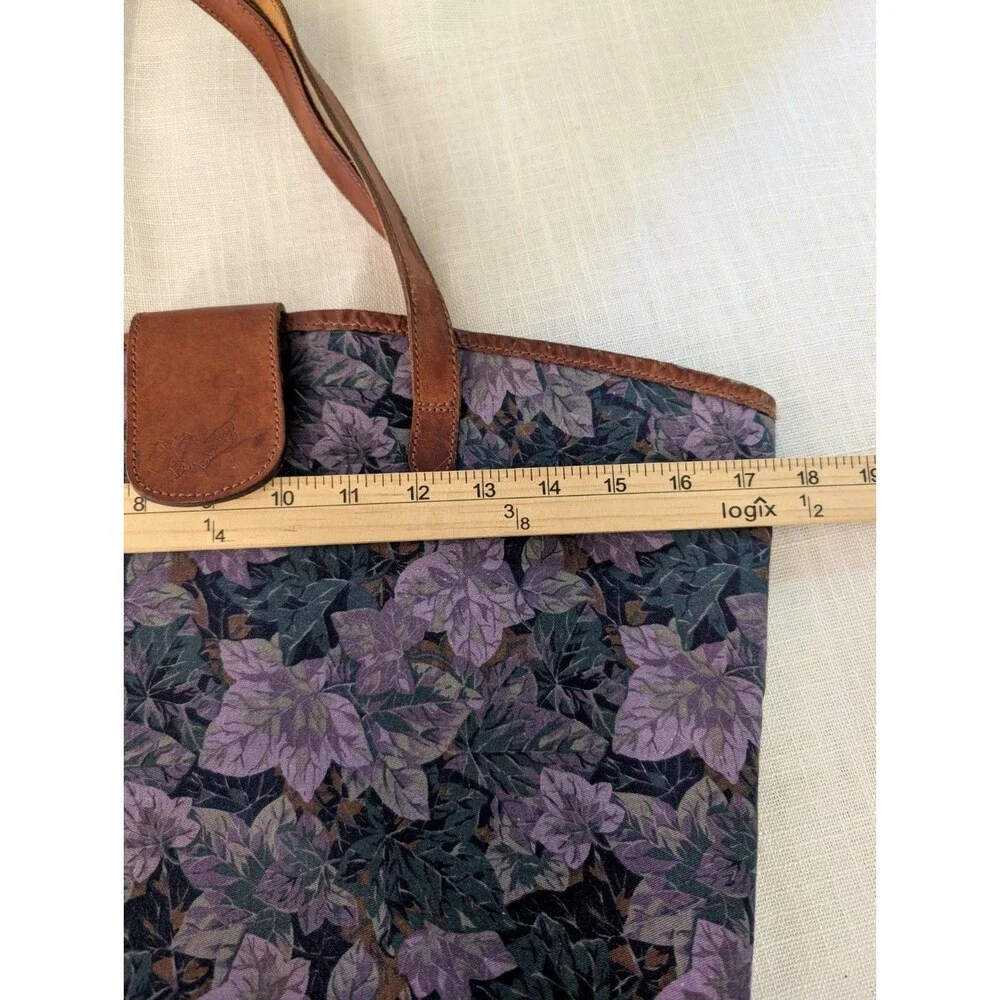 Vintage Laura Ashley Purple Floral Canvas w/ Leather Strap Tote Bag Shoulder Bag